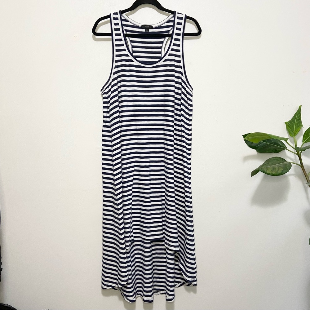 J. Crew Sleeveless Racerback High Low Navy and White Stripe Cotton Dress